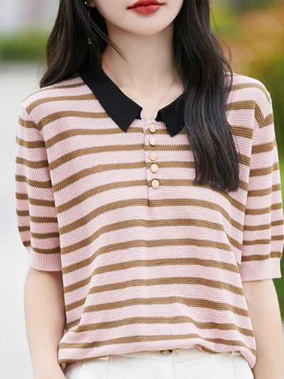 Mia Casual Polo Collar Striped Knitted Top