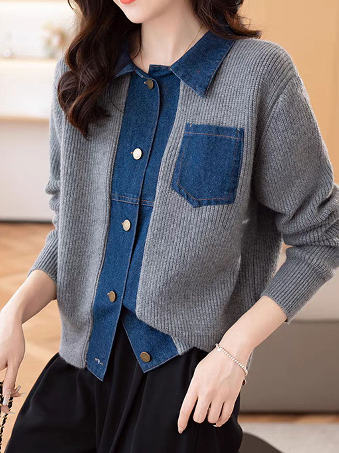 Eva Casual Lapel Patchwork Knitted Cardigan