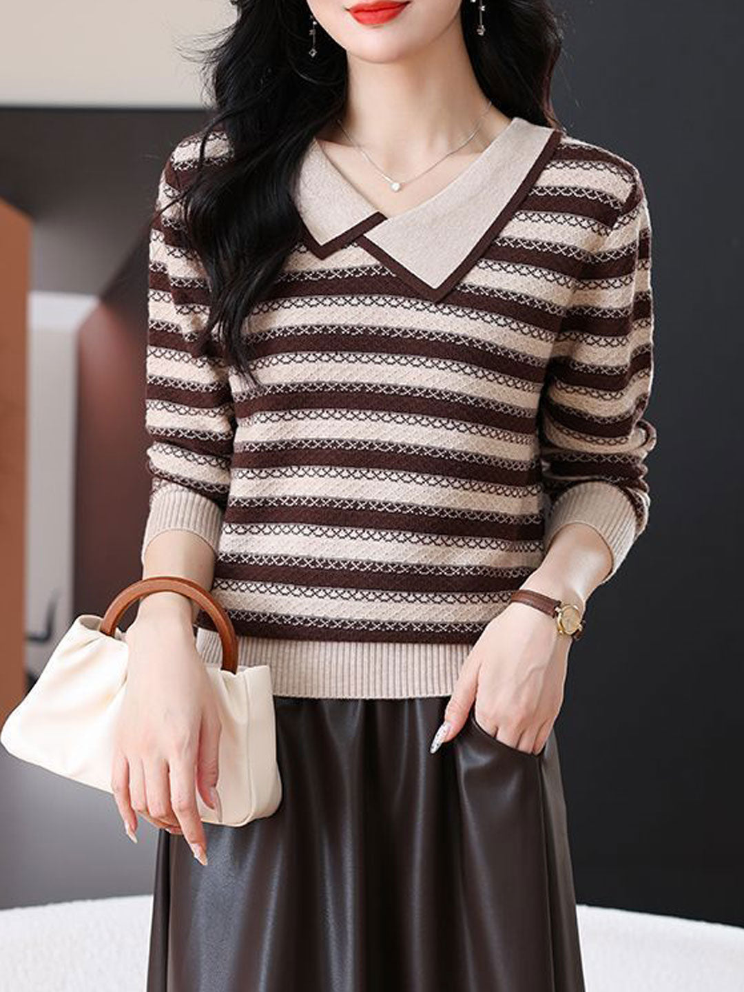 Sofia Loose Lapel Striped Knitted Sweater