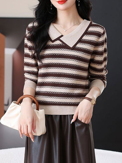 Sofia Loose Lapel Striped Knitted Sweater