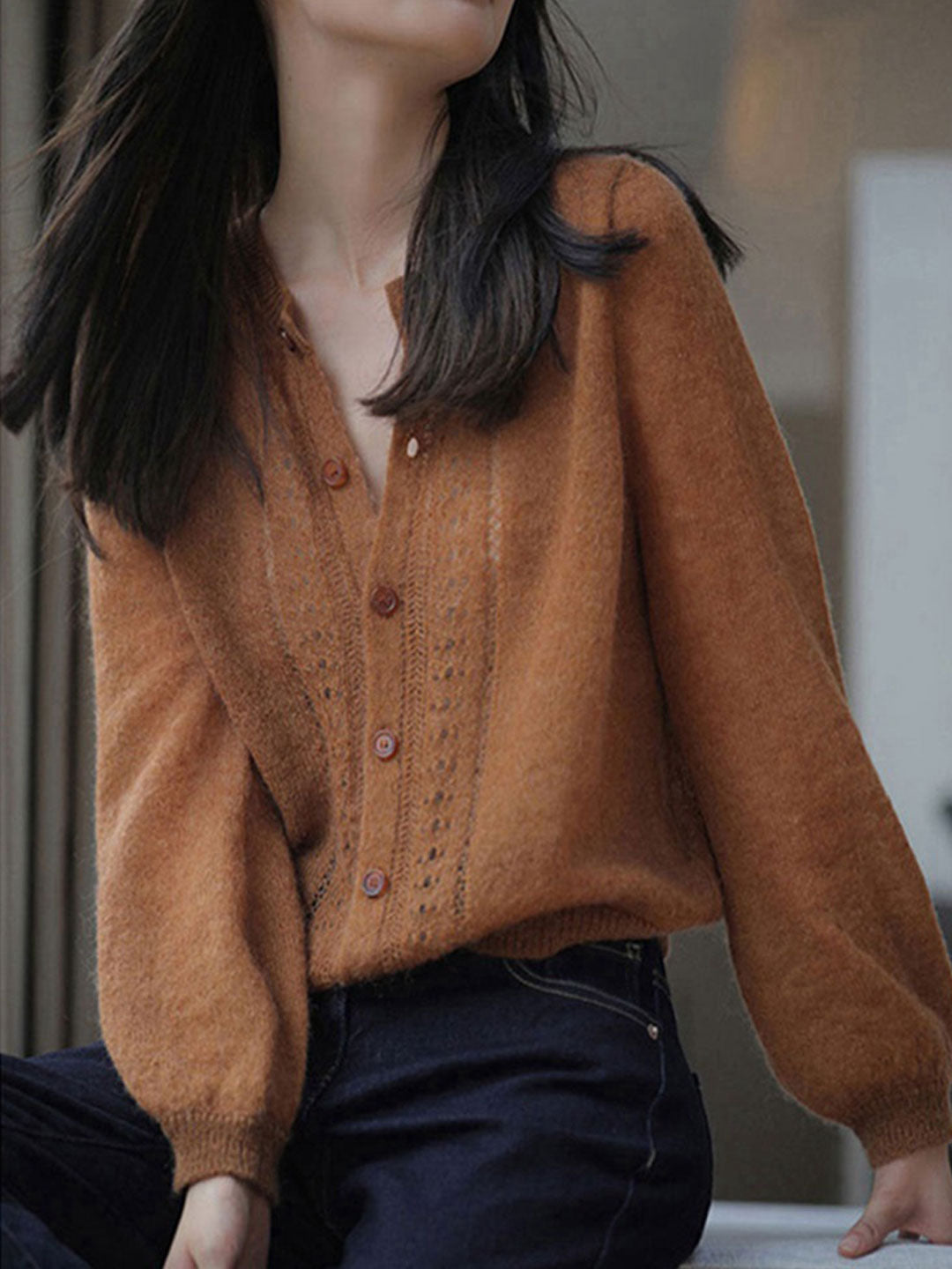 Jasmine Retro Crew Neck Crochet Knitted Cardigan