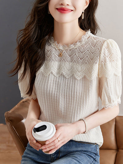 Mia Classic Crew Neck Puff Sleeve Lace Chiffon Top