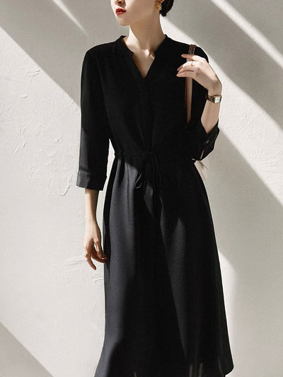 Claire Elegant V-Neck Puff Sleeve Solid Color Dress