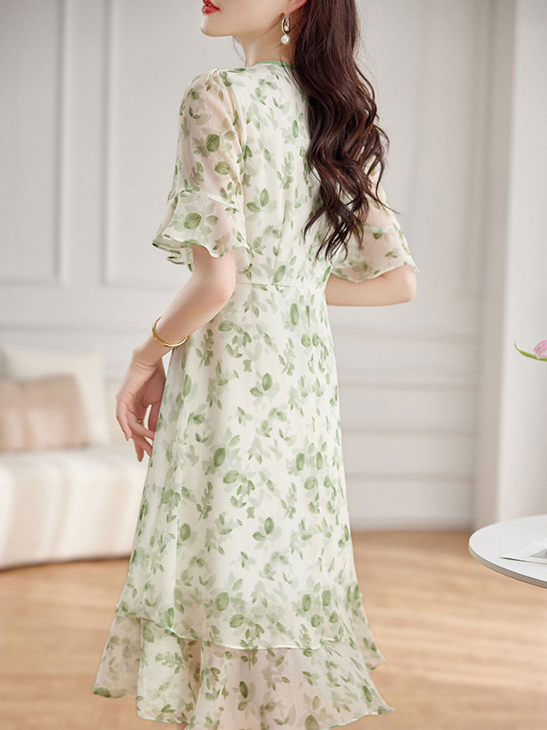 Brianna Elegant Flare Sleeve Printed Chiffon Dress