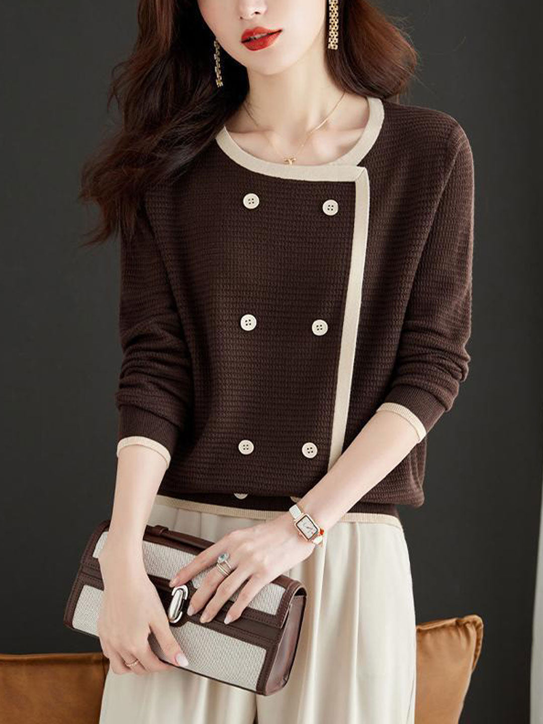 Sophia Loose Crew Neck Knitted Pullover Top-Coffee