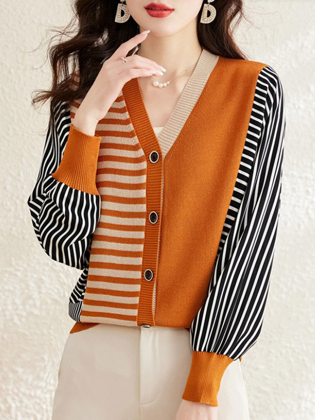 Trinity Casual V-Neck Striped Knitted Cardigan-Black