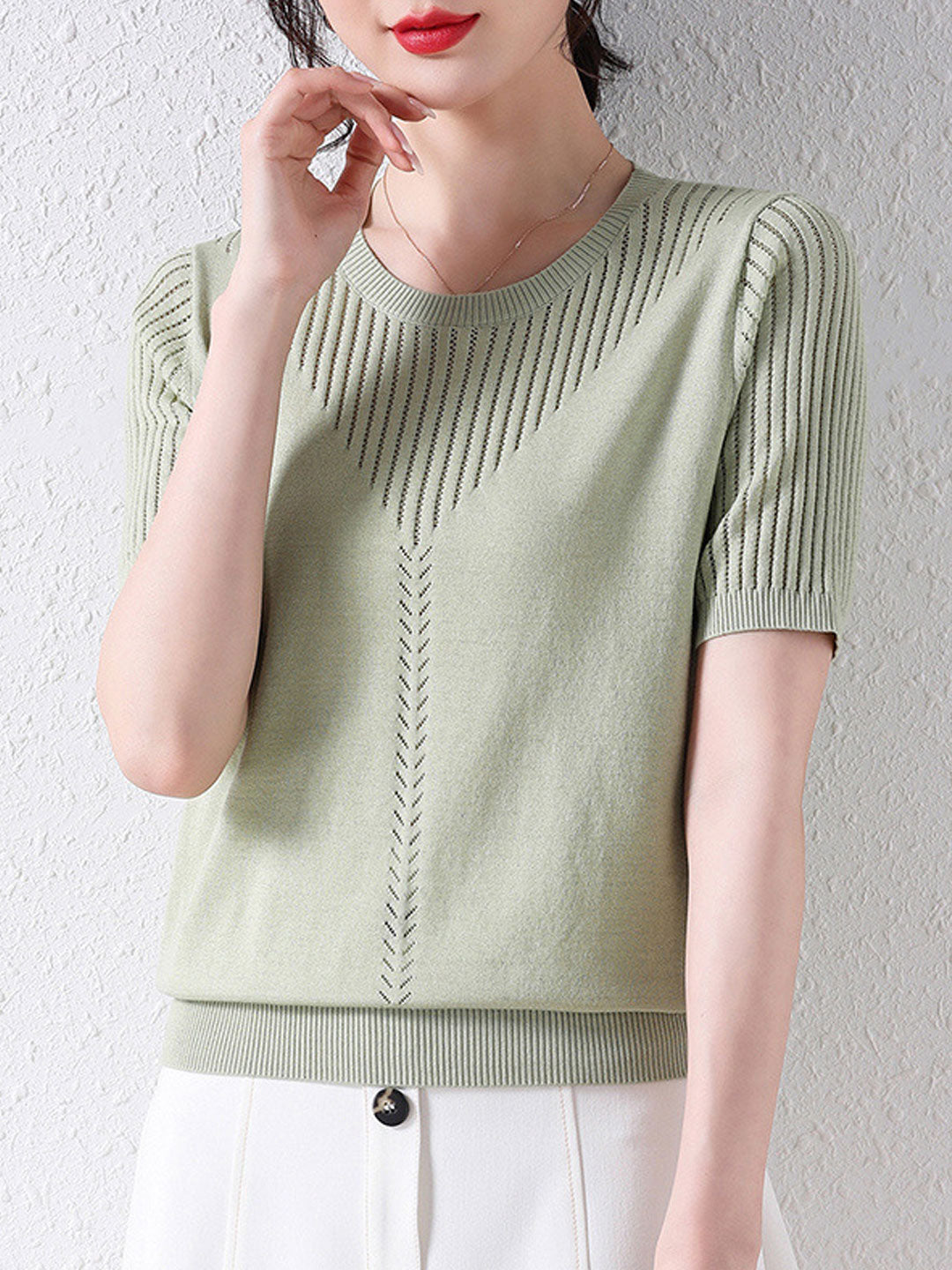 Sophie Loose Crew Neck Hollow Knitted Top-Green