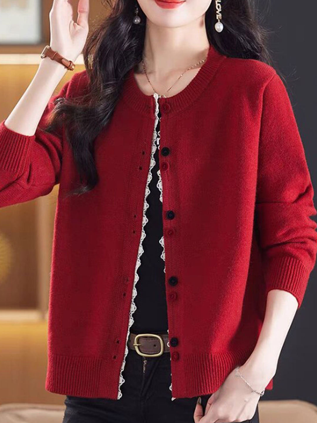 Hannah Loose Crew Neck Lace Patchwork Knitted Cardigan