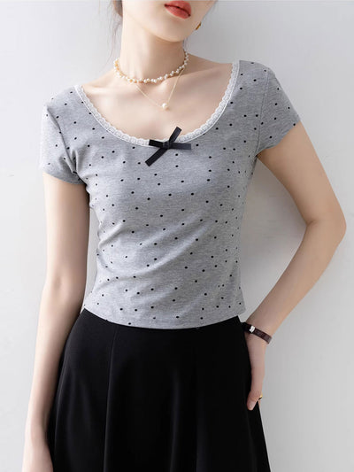 Molly Classic Square Neck Polka Dot Lace Bow Top