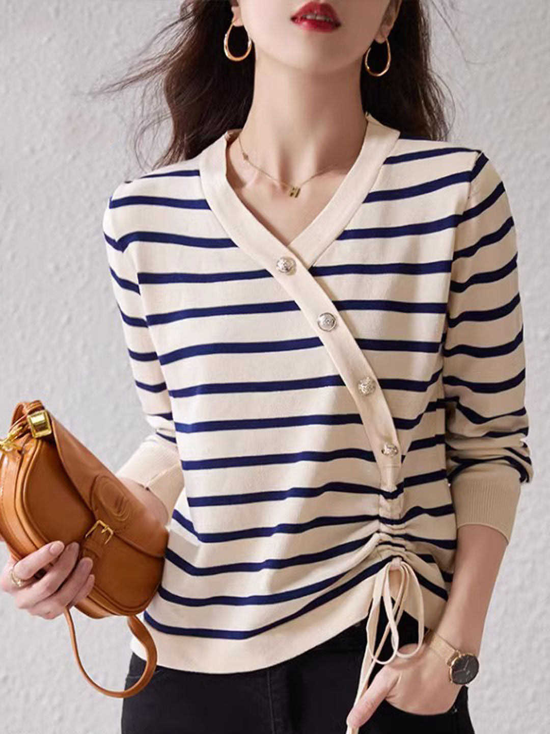 Abigail Casual V-Neck Drawstring Striped Knitted Top