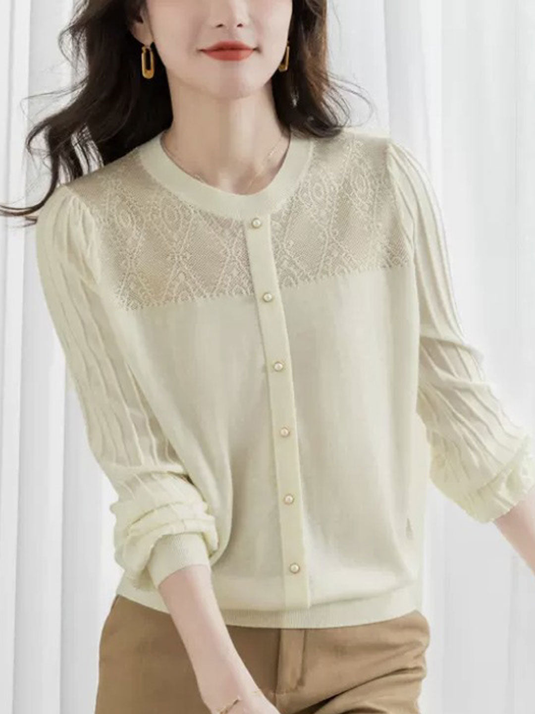 Brianna Elegant Crew Neck Puff Sleeve Knitted Top