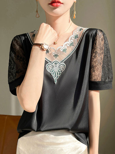 Ava Classic V-Neck Hollowed Lace Satin Top