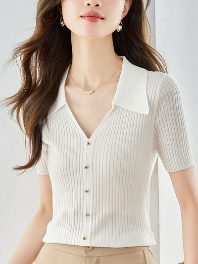Madison Classic V-Neck Paneled Striped Knitted Top-White