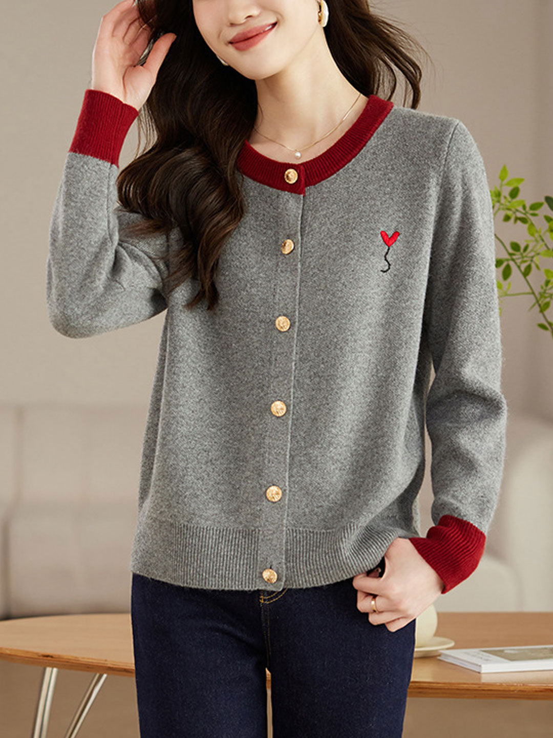 Ruby Loose Crew Neck Contrast Embroidered Knitted Cardigan