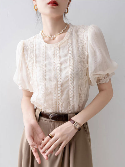 Lillian Retro Crew Neck Puff Sleeve Lace Chiffon Blouse