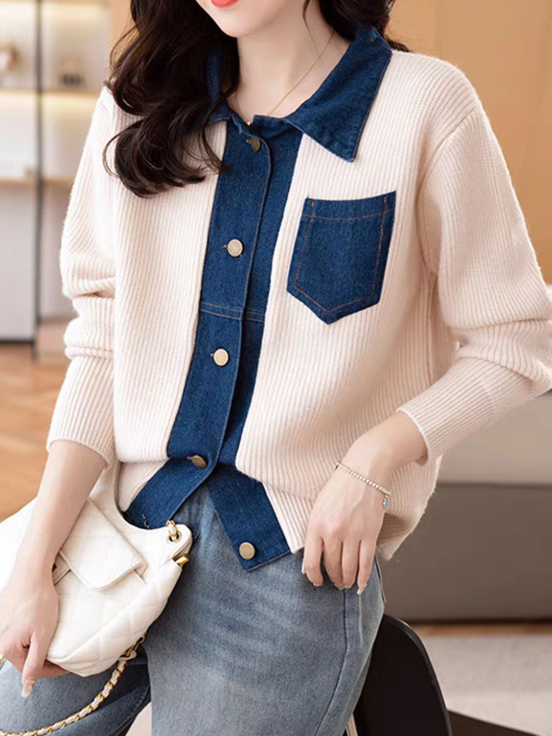 Eva Casual Lapel Patchwork Knitted Cardigan