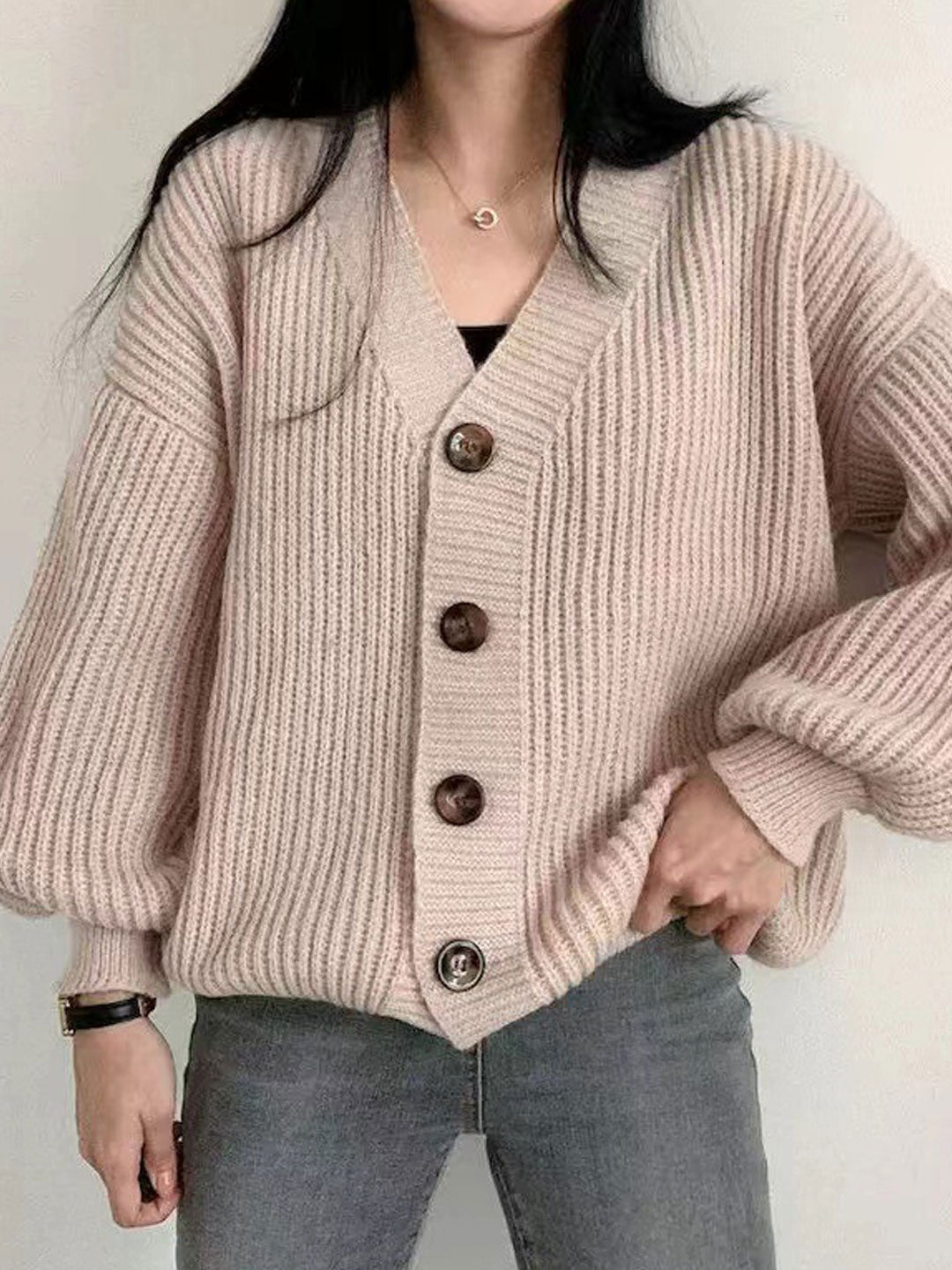 Emily Loose V-neck Balloon Sleeve Knitted Cardigan