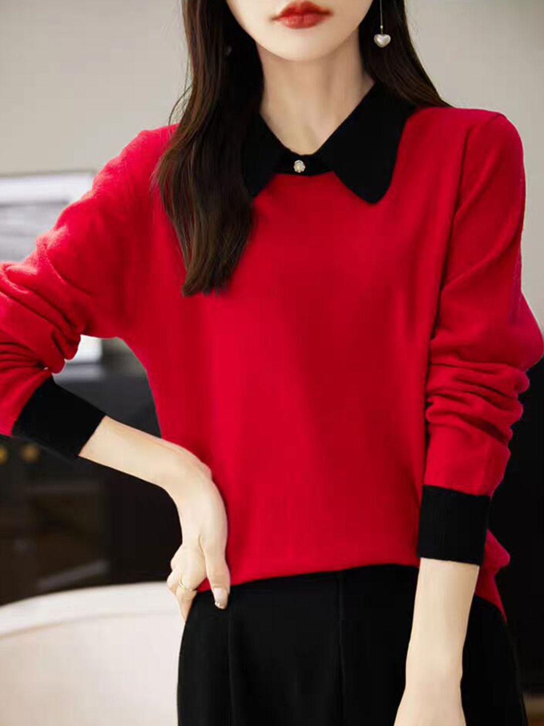 Layla Loose Lapel Color-Blocked Knitted Top