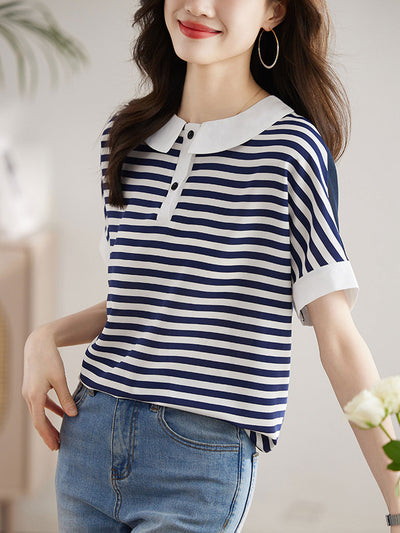 Brianna Loose Doll Collar Contrasted Chiffon Top