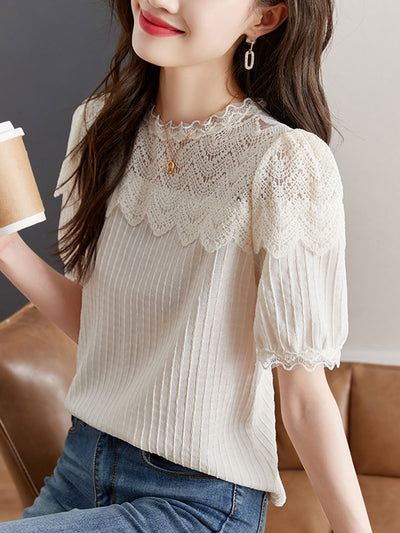 Mia Classic Crew Neck Puff Sleeve Lace Chiffon Top