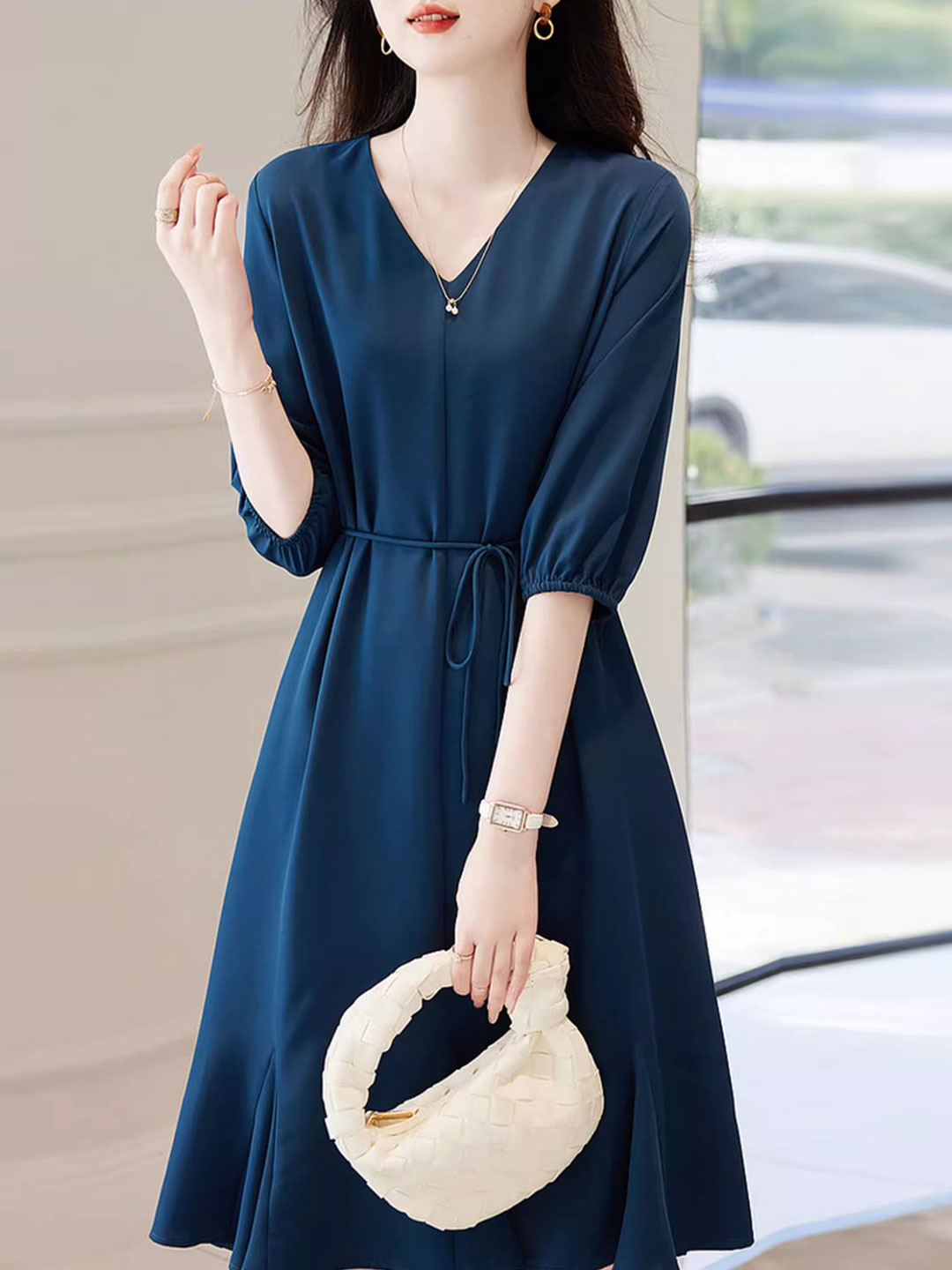 Emma Elegant V-Neck Solid Color Dress-Blue