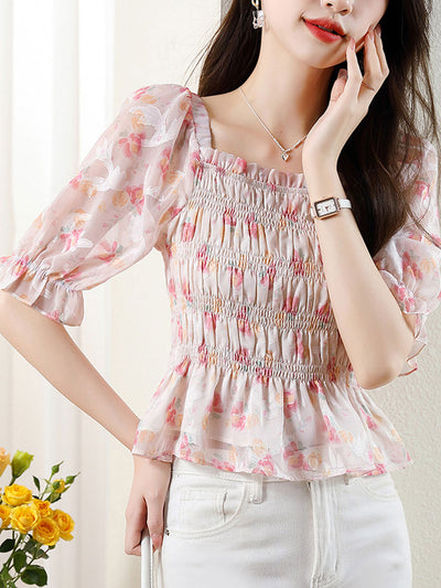 Amelia Retro Square Collar Floral Printed Blouse