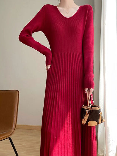 Brianna Elegant V-Neck Knitted Sweater Dress