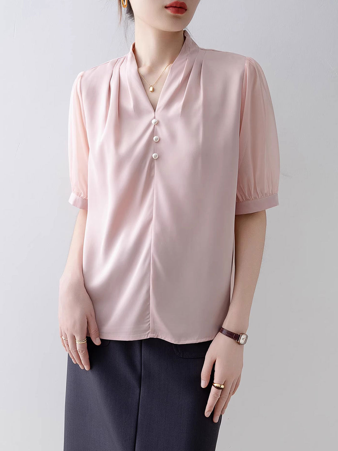 Olivia Elegant V-Neck Solid Color Beaded Chiffon Top