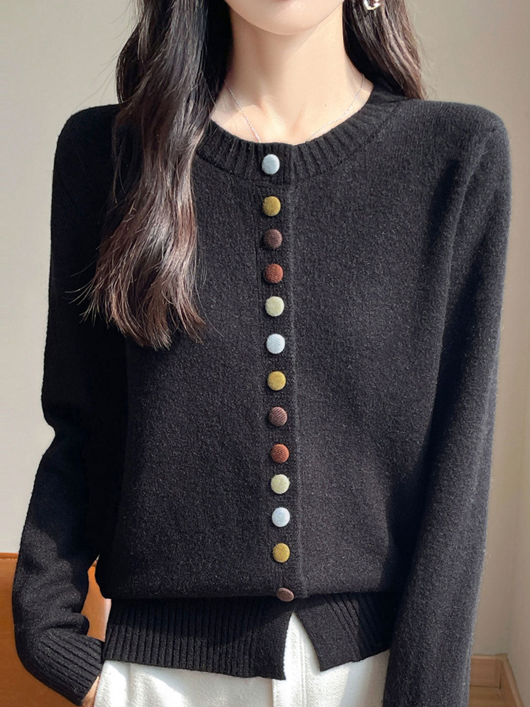 Sophia Classic Crew Neck Colorful Button Knitted Cardigan