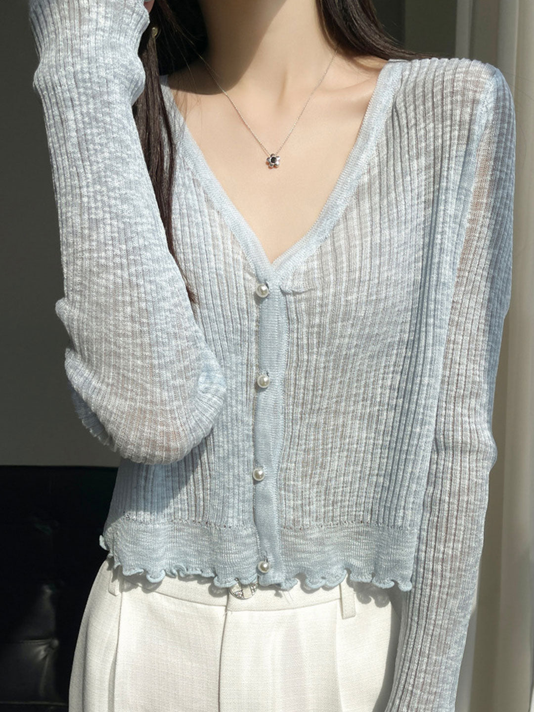 Bella V-Neck Solid Color Auricular Knitted Cardigan-Blue