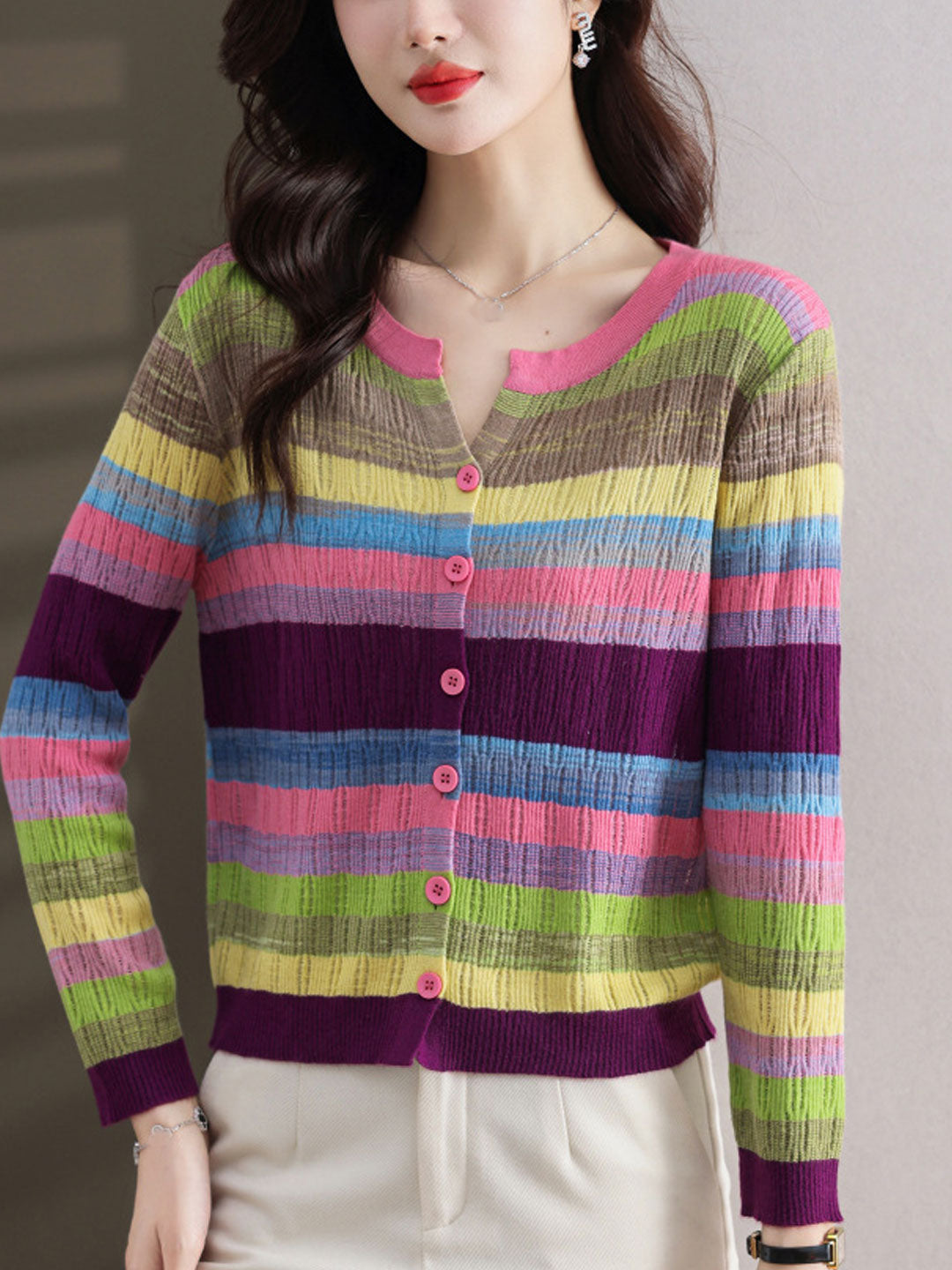 Hannah Classic Crew Neck Striped Knitted Cardigan