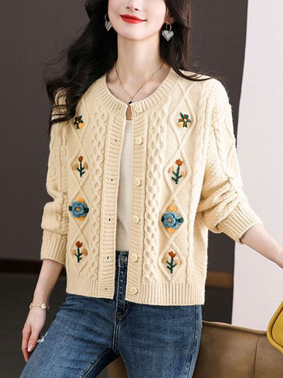 Jocelyn Retro Crew Neck Embroidered Knitted Cardigan