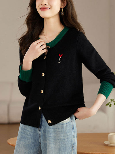 Ruby Loose Crew Neck Contrast Embroidered Knitted Cardigan