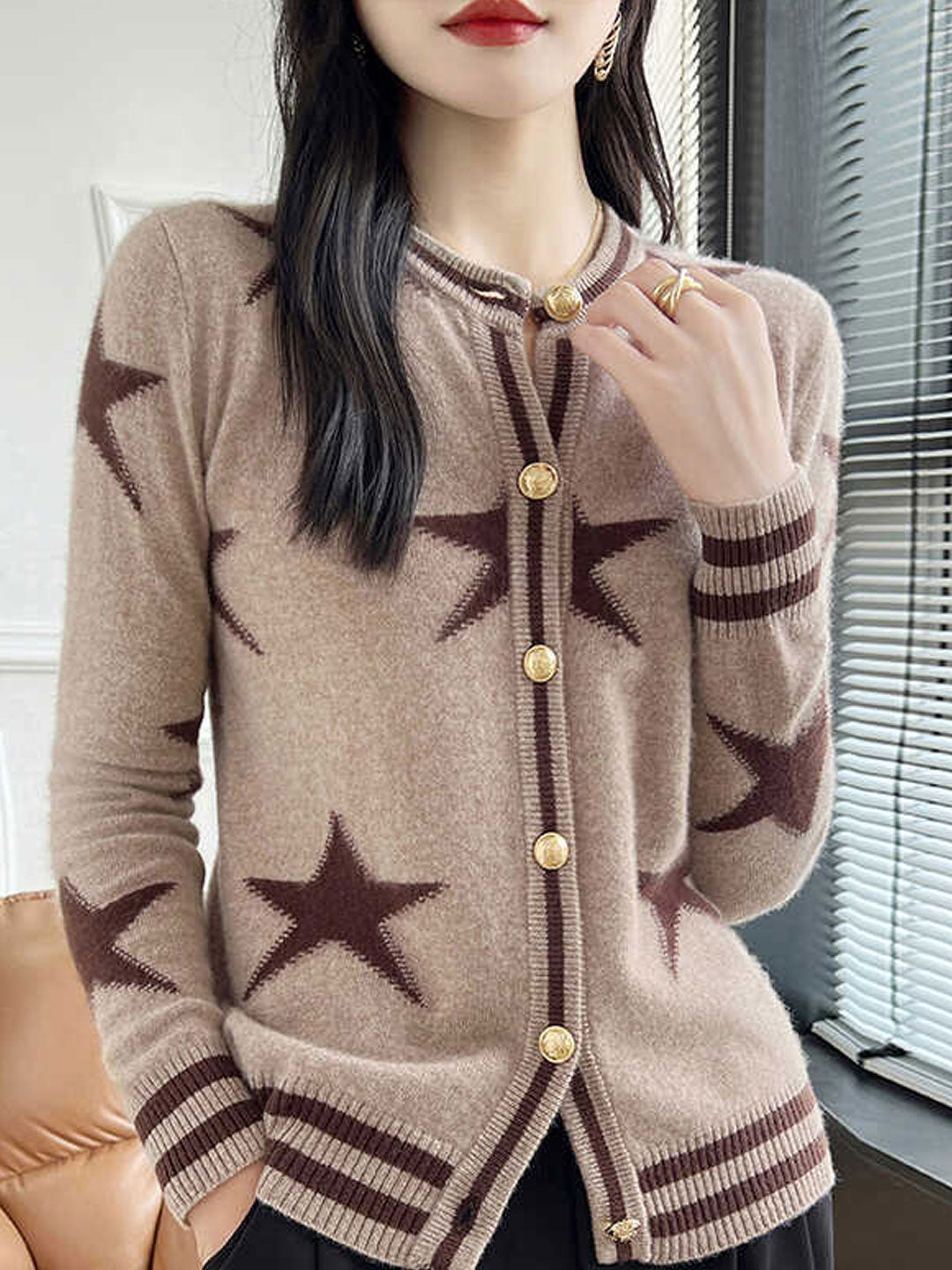 Ava Loose Crew Neck Jacquard Knitted Cardigan-Camel