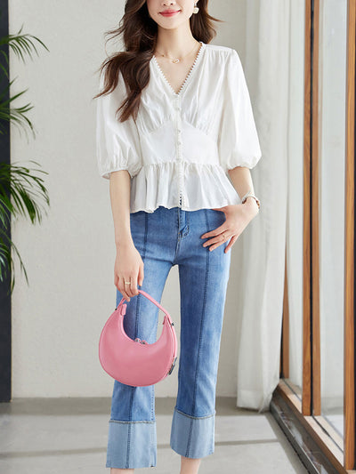 Anna Loose V-Neck Lantern Sleeve Cotton Top