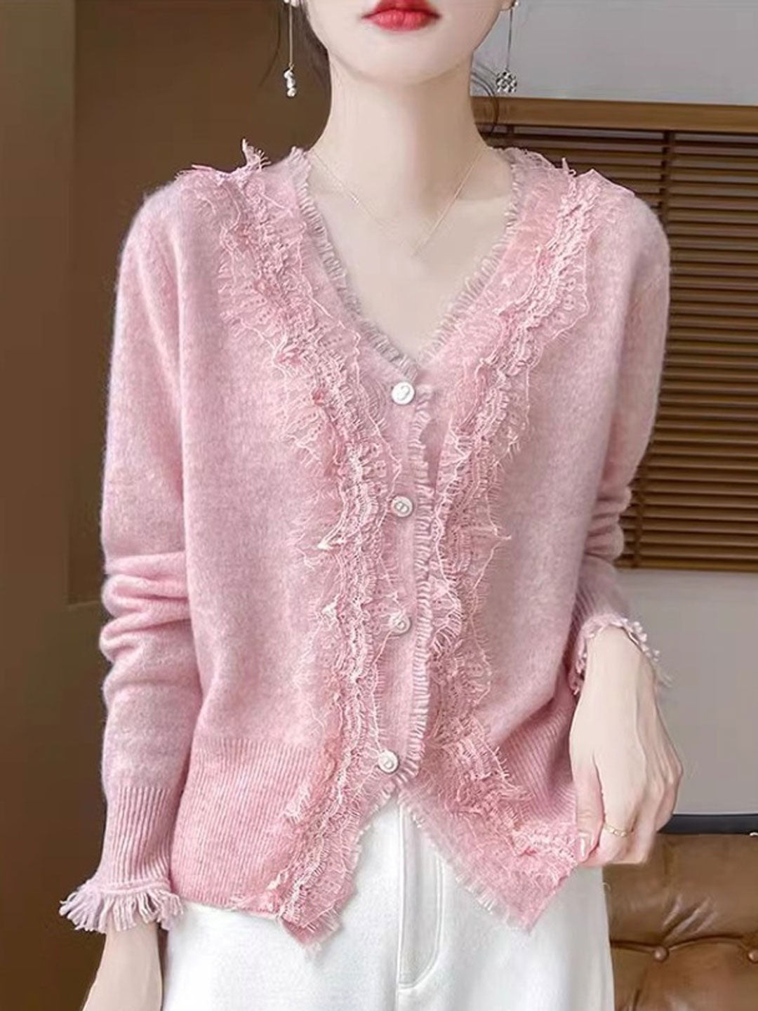 Emma Elegant V-Neck Lace Knitted Cardigan