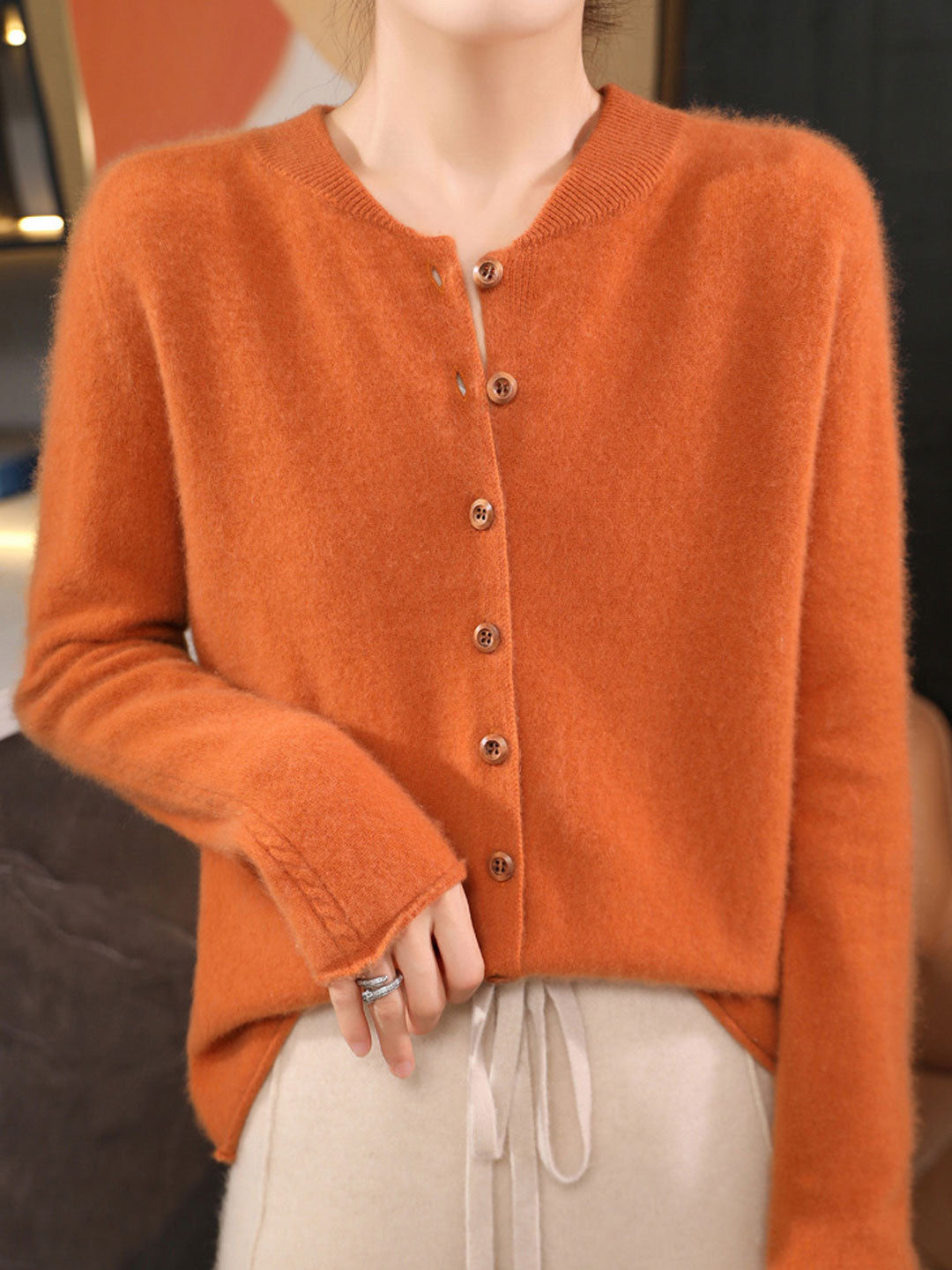 Natalie Classic Crew Neck Solid Color Knitted Cardigan-Apricot