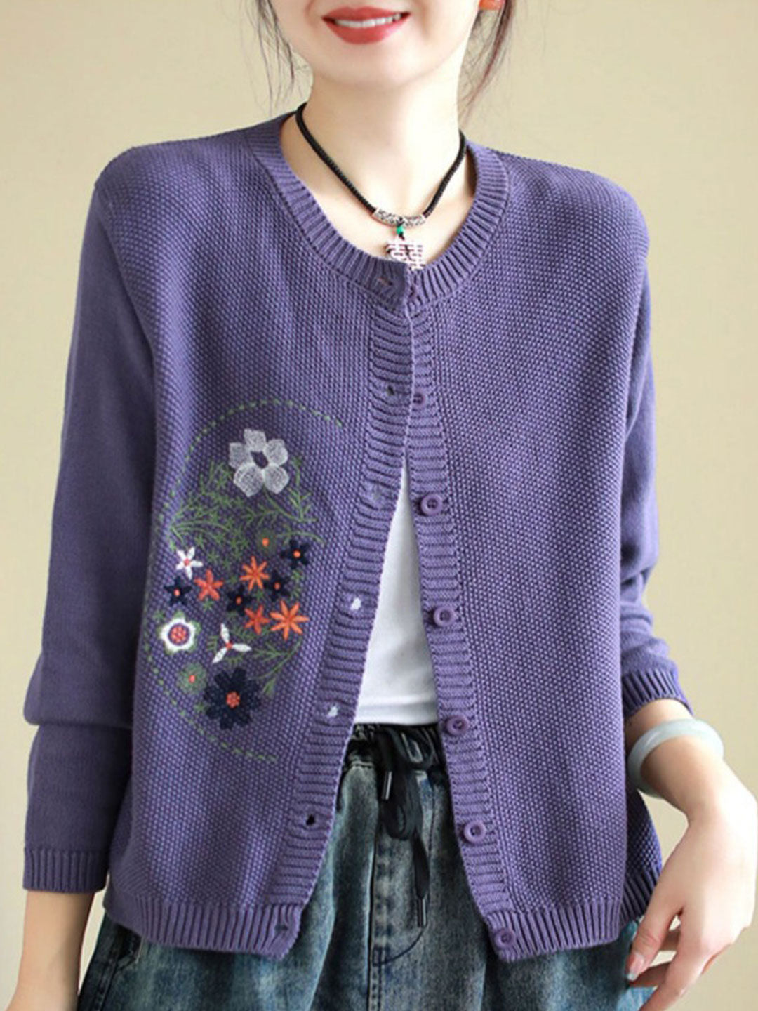 Brianna Retro Crew Neck Embroidered Knitted Cardigan