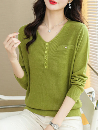 Hannah Casual V-Neck Solid Color Knitted Top