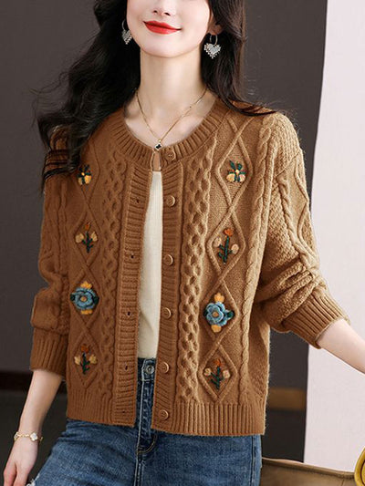 Jocelyn Retro Crew Neck Embroidered Knitted Cardigan