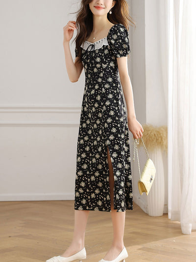 Ariana Vintage Square Neck Puff Sleeve Printed Dress