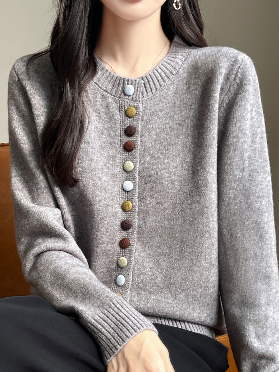 Sophia Classic Crew Neck Colorful Button Knitted Cardigan