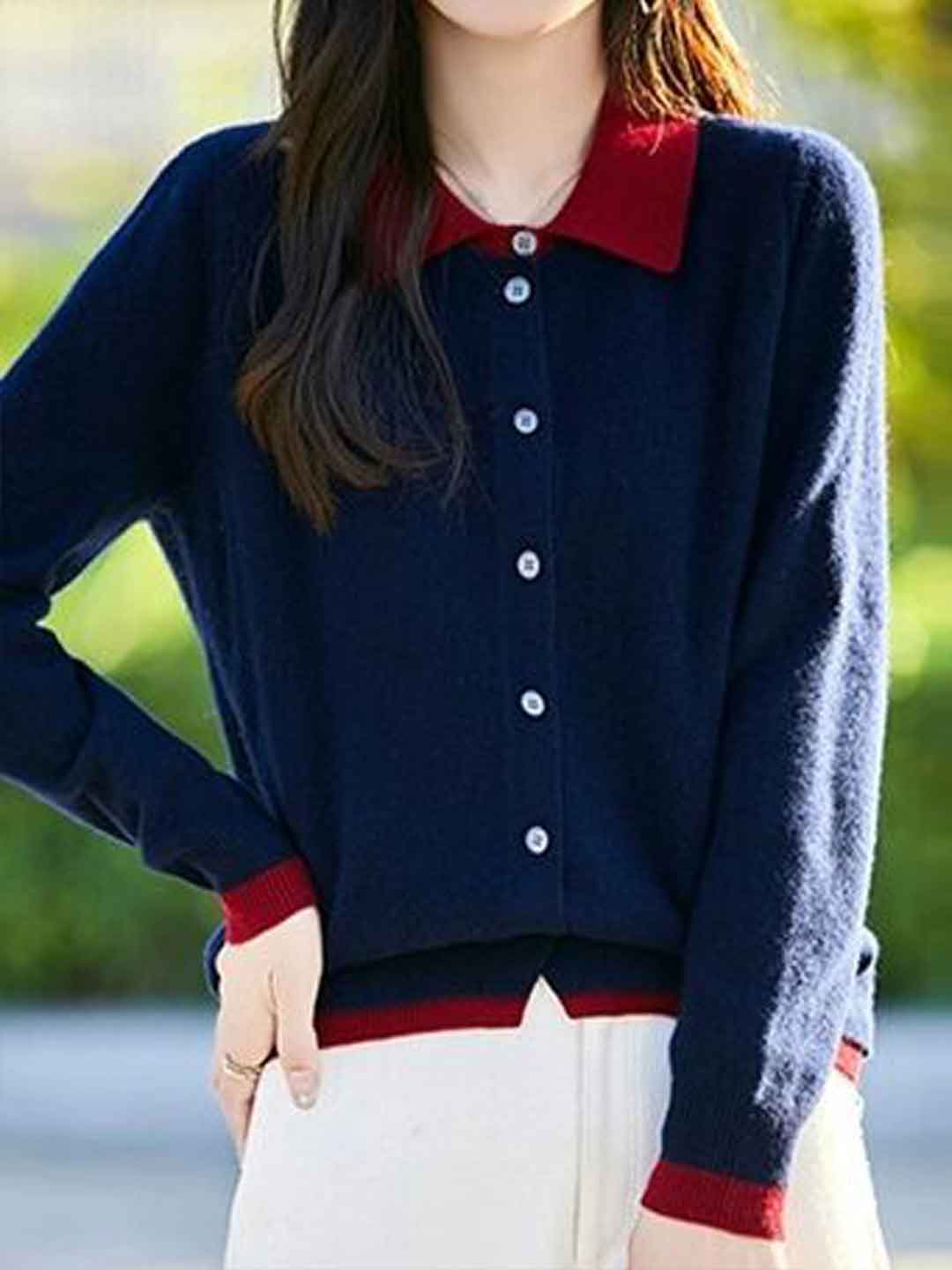 Claire Casual Lapel Colorblock Knit Cardigan Set