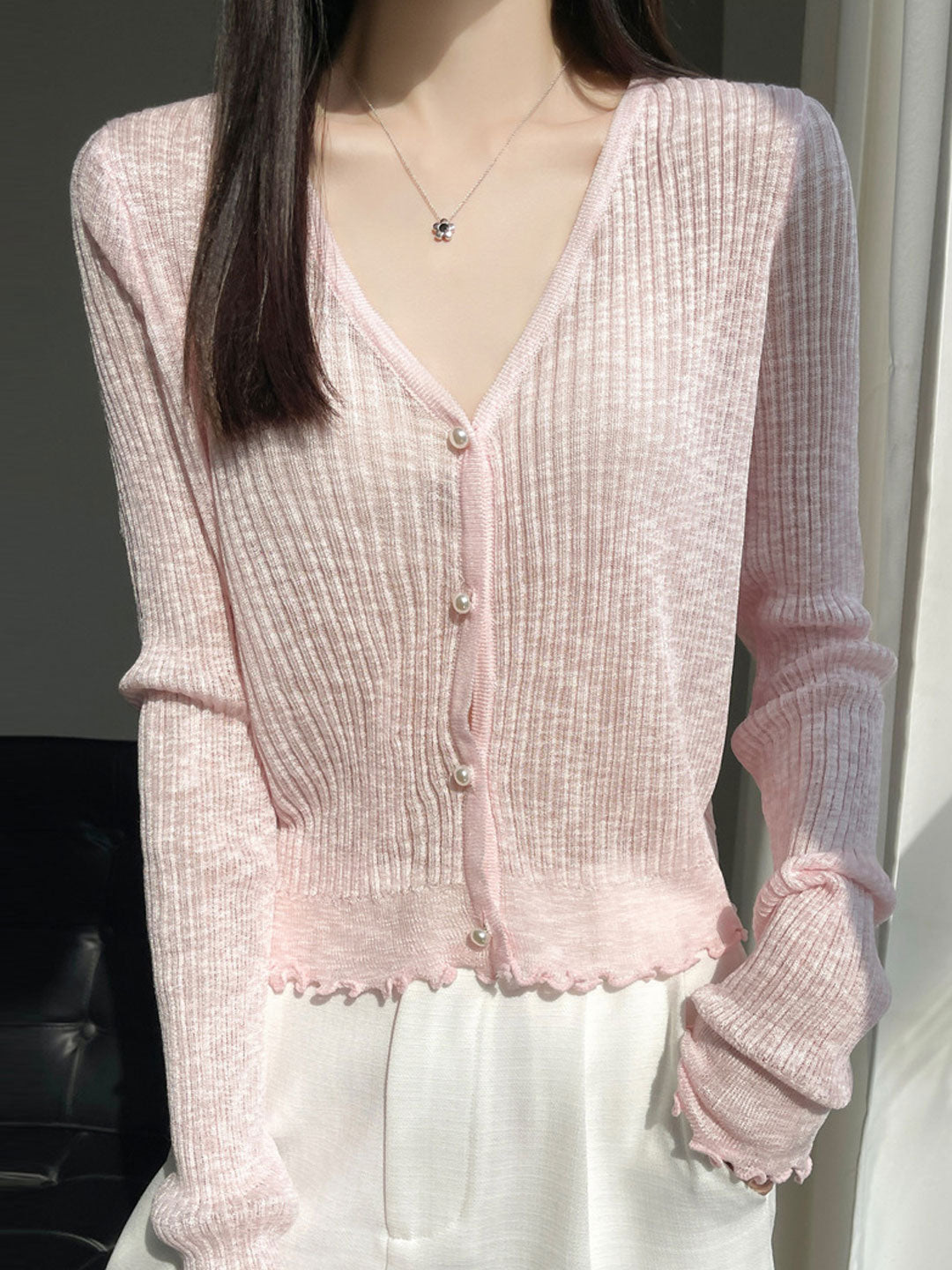 Bella V-Neck Solid Color Auricular Knitted Cardigan-Apricot