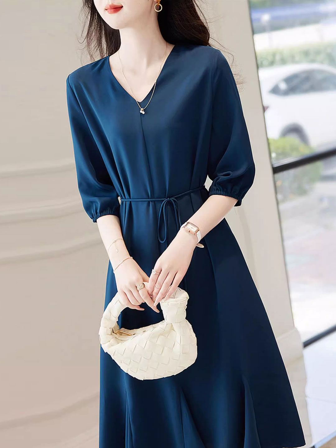 Emma Elegant V-Neck Solid Color Dress-Blue