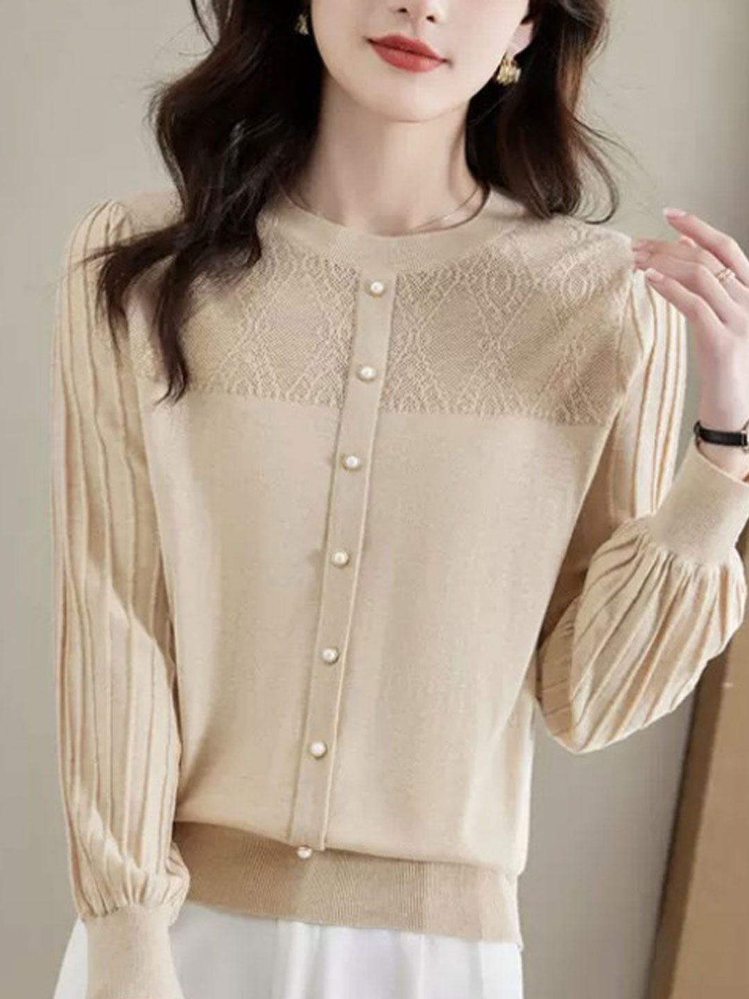 Brianna Elegant Crew Neck Puff Sleeve Knitted Top