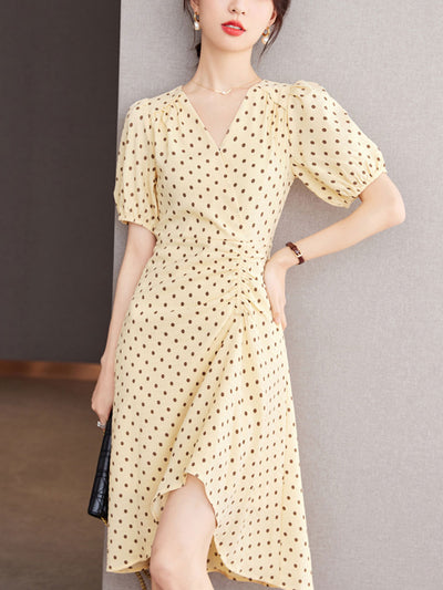 Chloe V-Neck Polka Dot Printed Irregular Dress