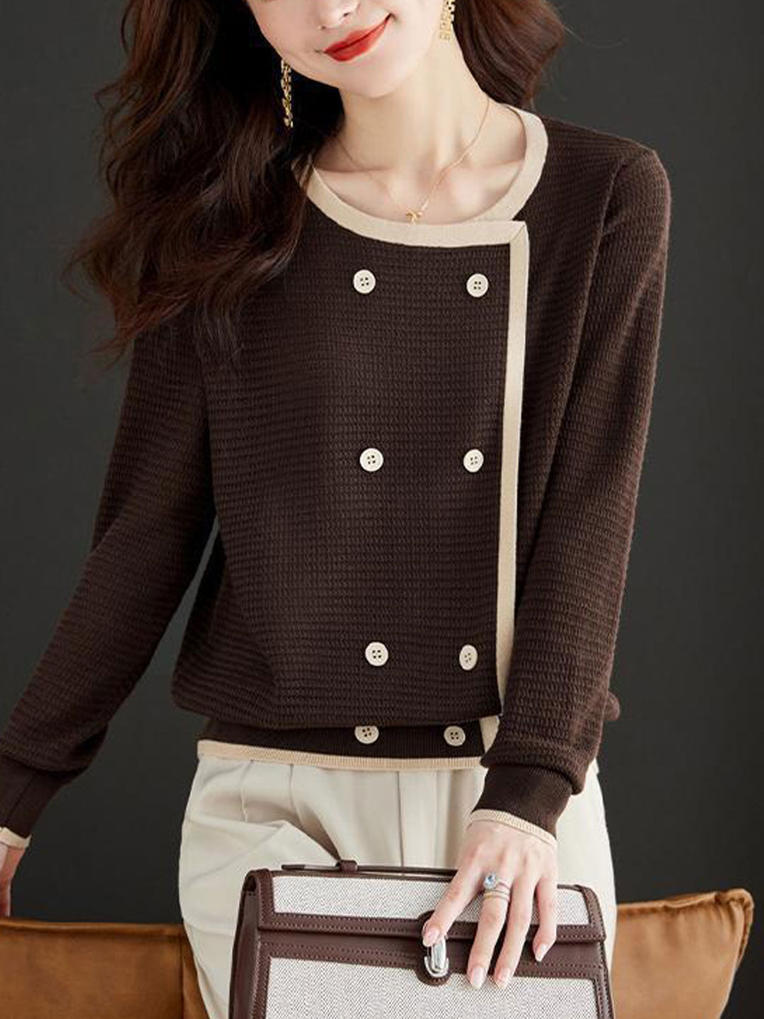 Sophia Loose Crew Neck Knitted Pullover Top-Coffee