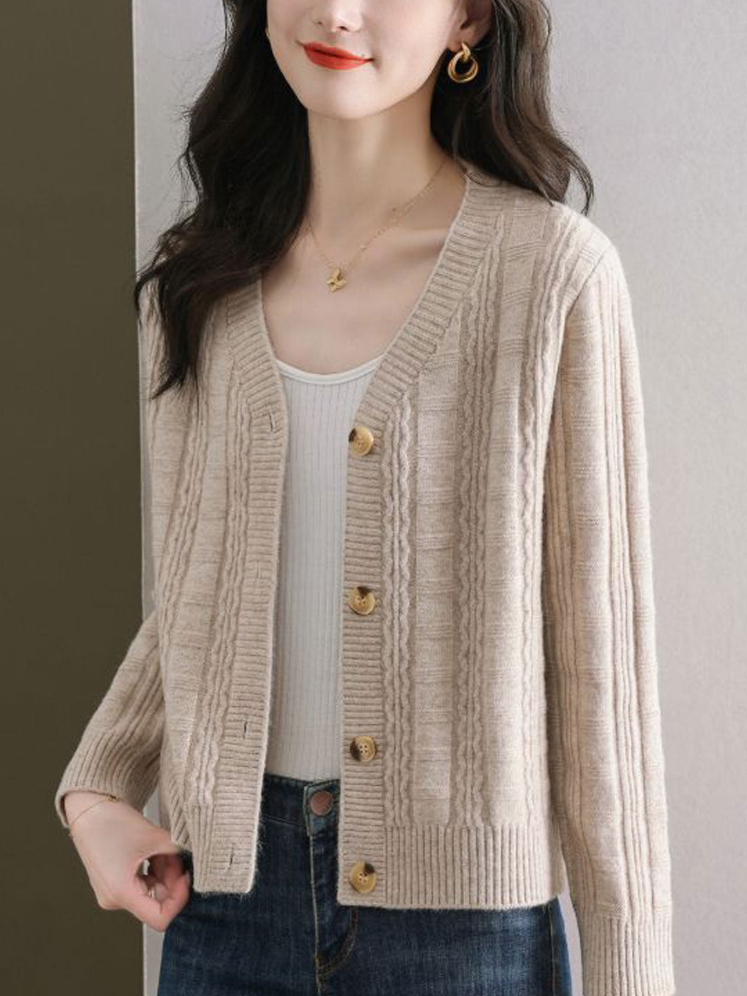 Ava Casual V-Neck Ribbed Solid Color Knitted Cardigan