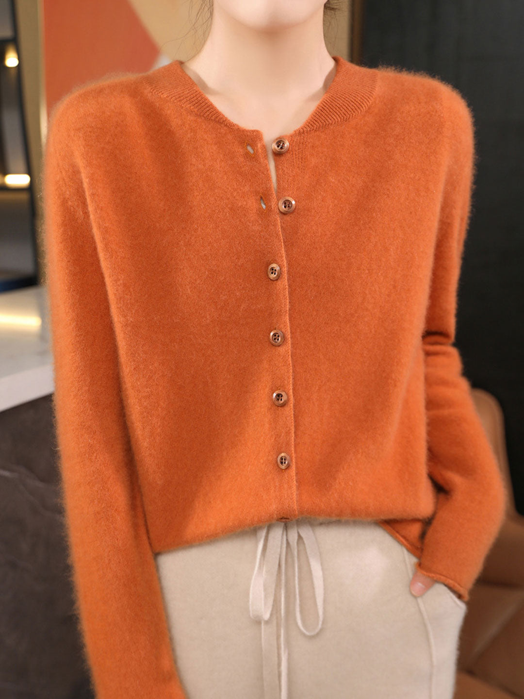 Natalie Classic Crew Neck Solid Color Knitted Cardigan-Apricot